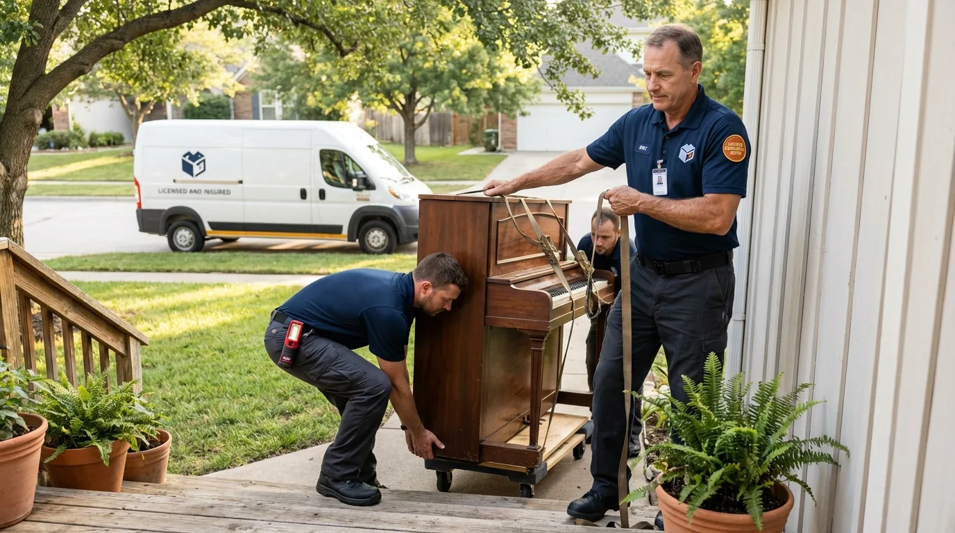 Licensed piano movers securing grand piano in Eureka Springs, AR
