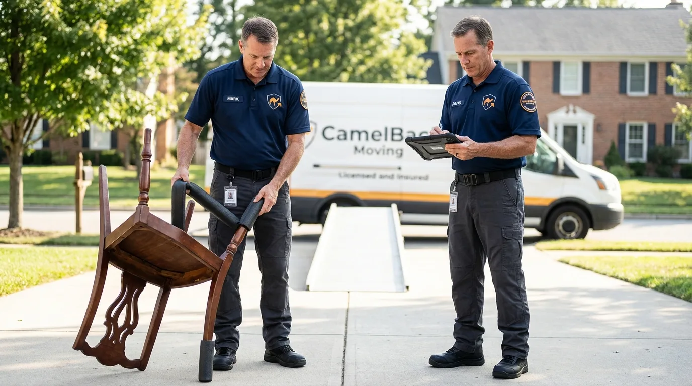 Movers inspecting furniture for damage prevention before loading in Eureka Springs, AR