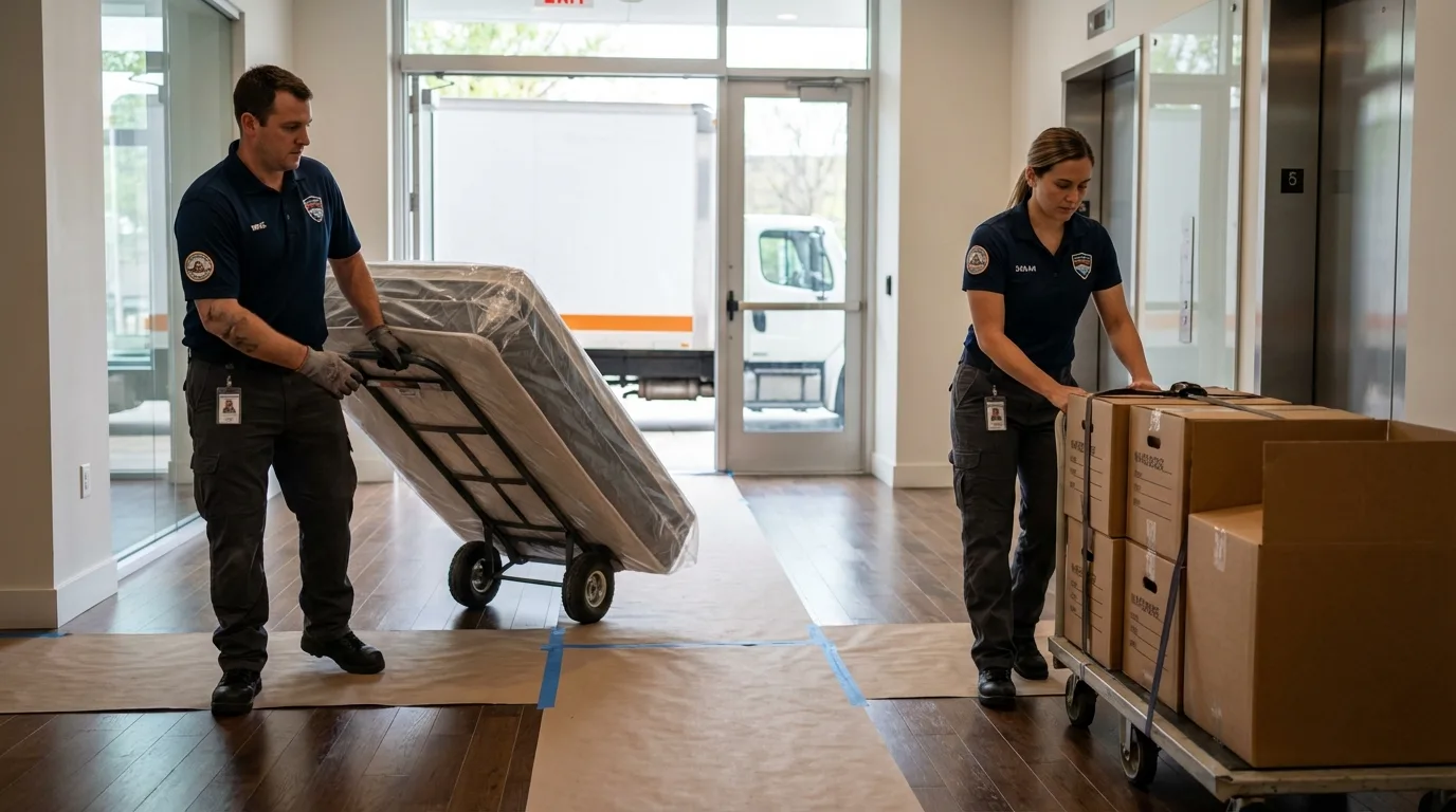 Professional apartment movers loading elevator in Eureka Springs, AR