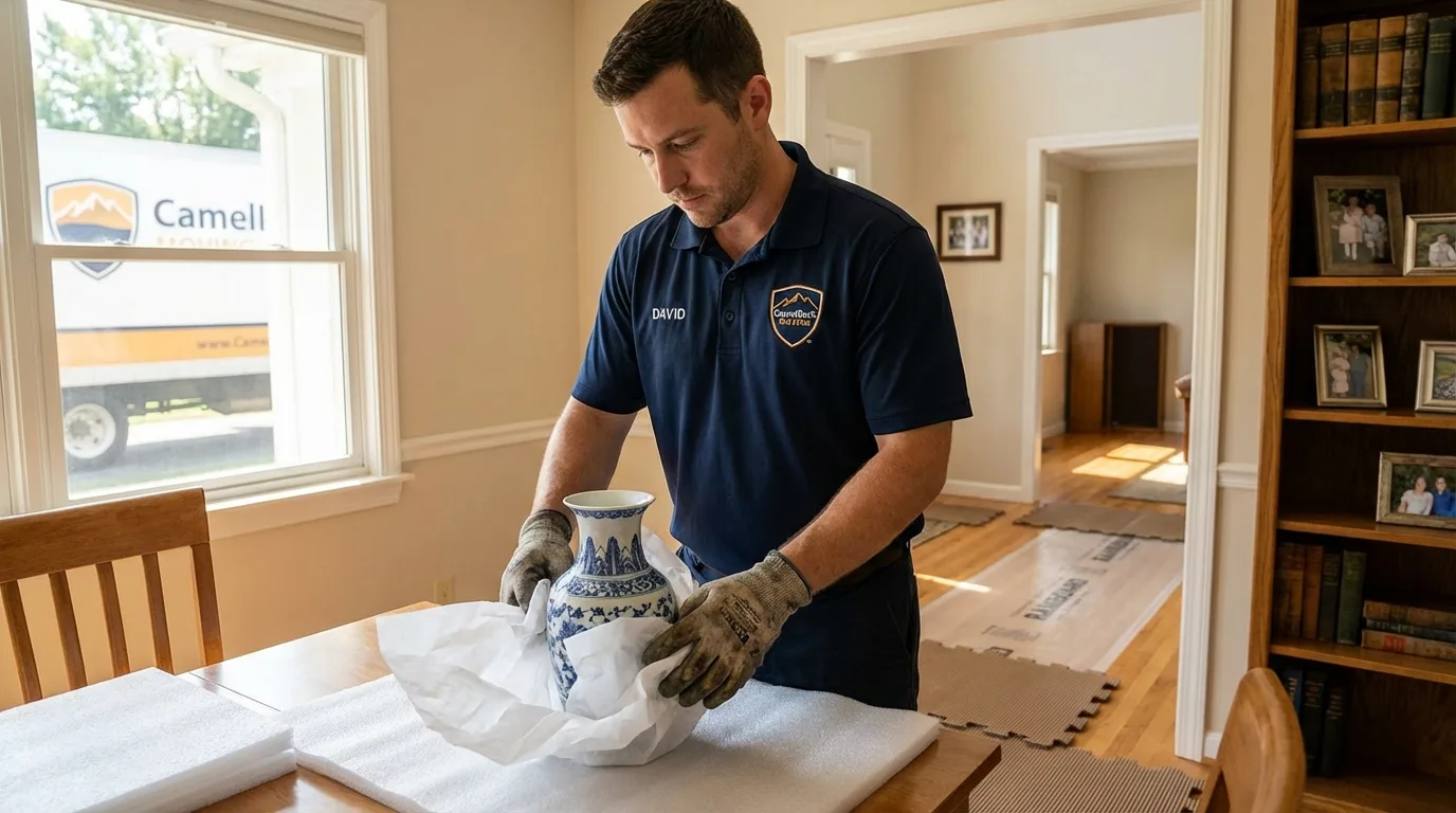 Professional crew carefully wrapping antique vase for senior downsizing move in Eureka Springs, AR